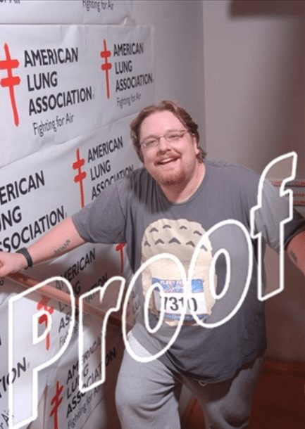 Author climbing stairs