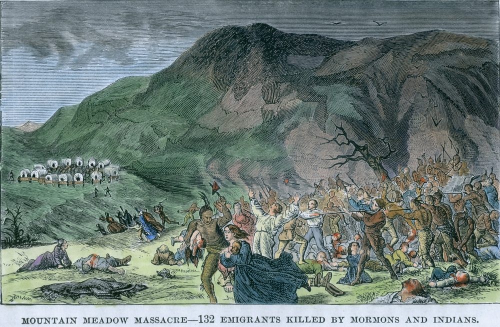 The Mountain Meadows Massacre where the Mormon Militia murdered innocent settlers.