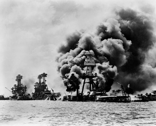 Pearl Harbor has conspiratorial origins Pearl Harbor: three stricken U.S. battleships. Left to right: U.S.S. West Virginia, severely damaged; U.S.S. Tennessee, damaged; and U.S.S. Arizona, sunk, December 7, 1941
